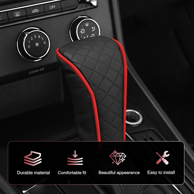 Bawkars Car Leather Gear Shift Cover, Anti-Slip Dustproof Gear Shifter Stick Protector with Diamond Embroidery, Shift Knob Cover for Lever Protection, Universal for Cars,Trucks,SUVs (Red) - Image 5